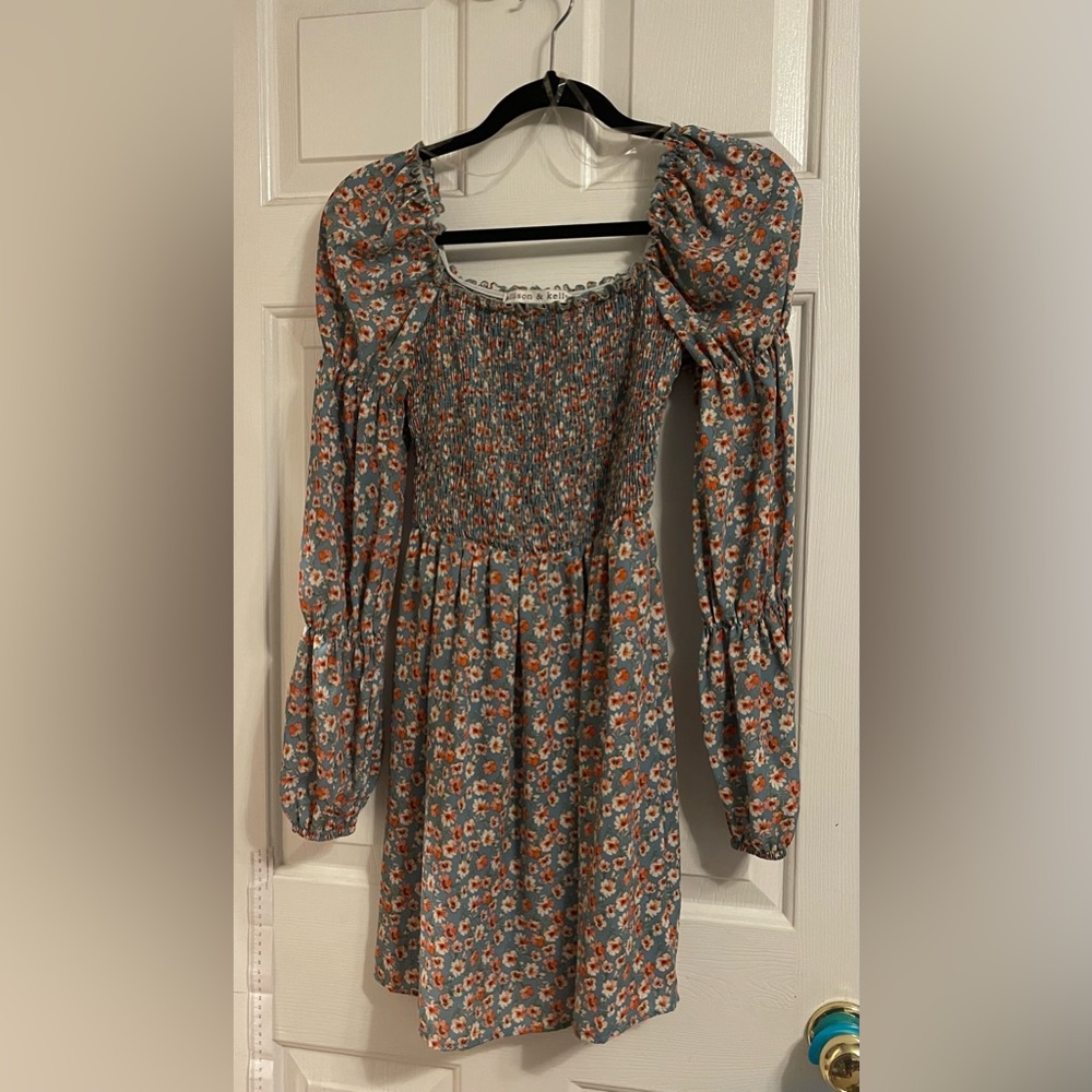Allison & Kelly Women's Floral Square Neck Puff Sleeve Smock Mini Dress - small